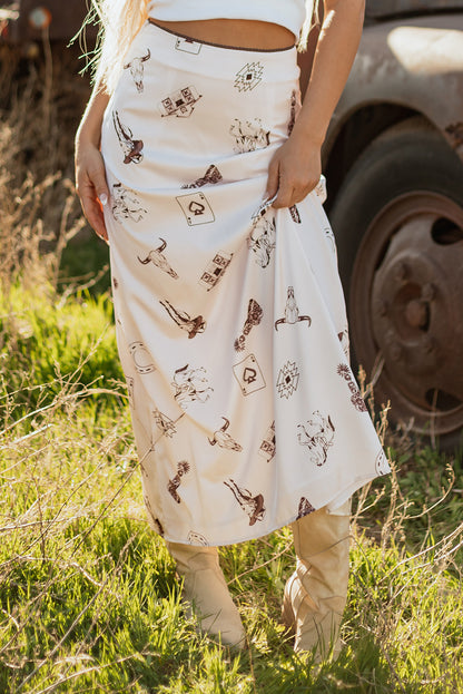 Beige Western Print Satin Long Skirt
