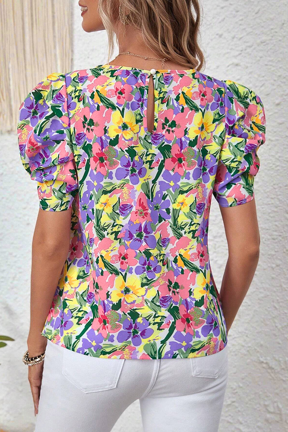 Purple Floral Print Puff Short Sleeve Crew Neck Blouse