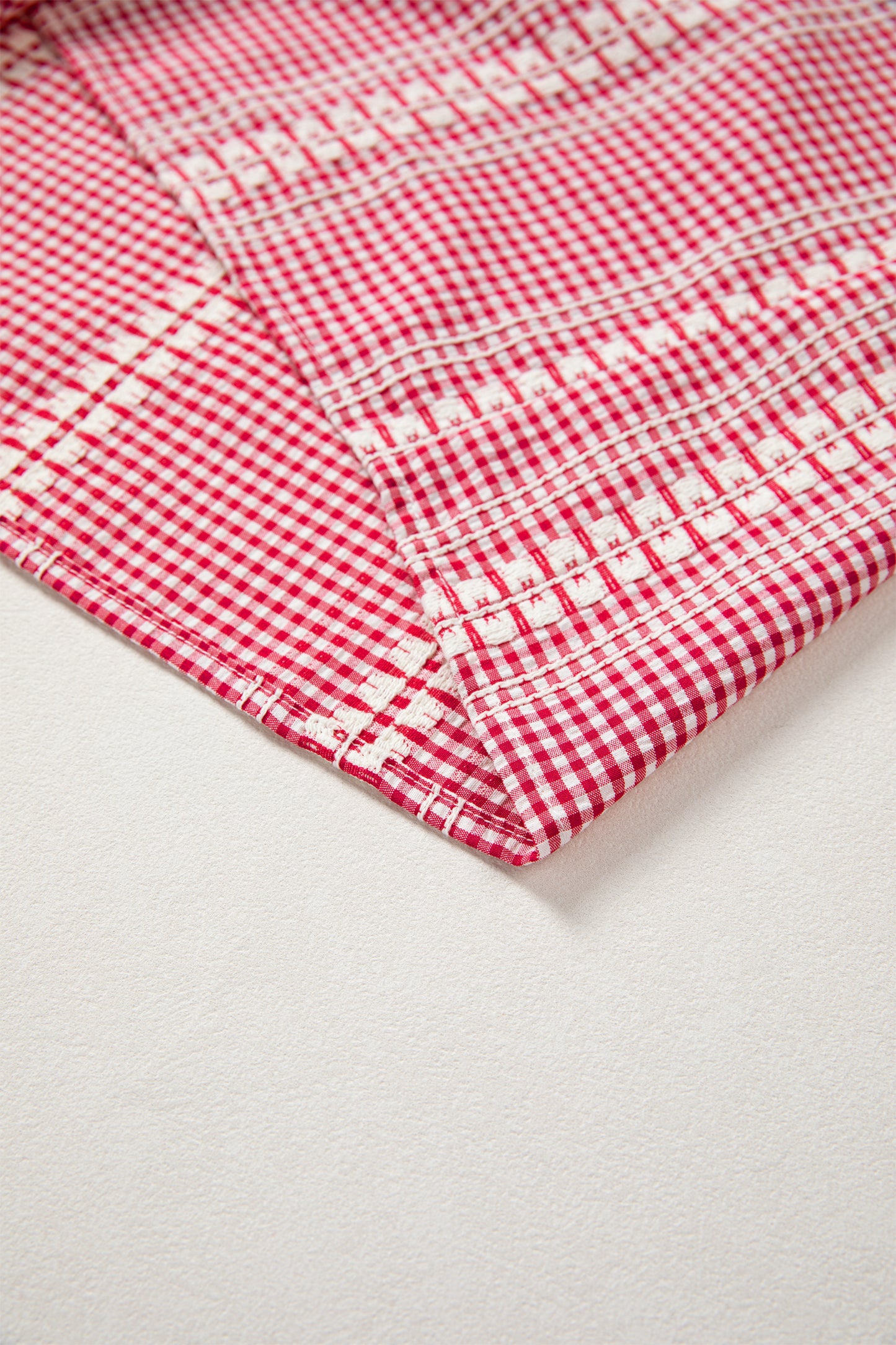 Red Western Pony Embroidered Yoke Puff Sleeve Gingham Blouse