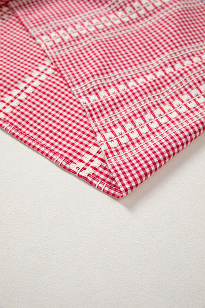 Red Western Pony Embroidered Yoke Puff Sleeve Gingham Blouse