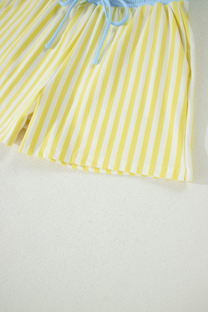 Yellow Stripe Colorblock Trim V Neck Tee Drawstring Elastic Waist Short Set