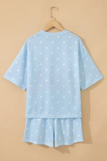 Sky Blue Exposed Seam Detail Polka Dot Loose Tee Drawstring Shorts Set