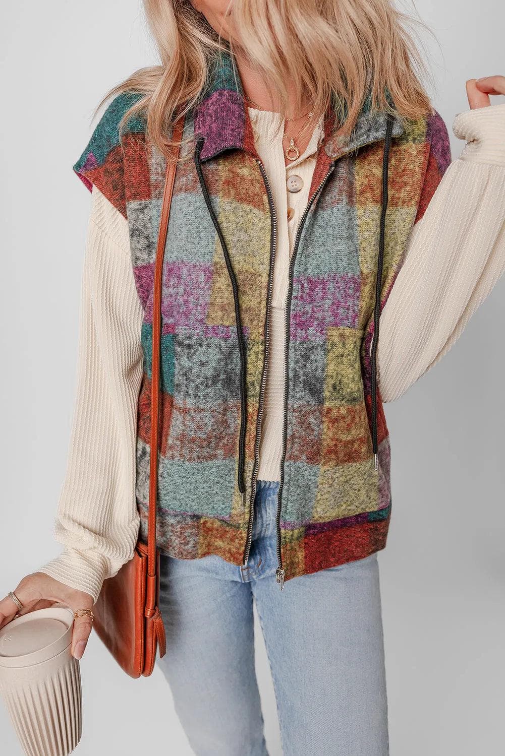 Outerwear/Vests Multicolor Plaid Print Side Pockets Zipped Loose Vest