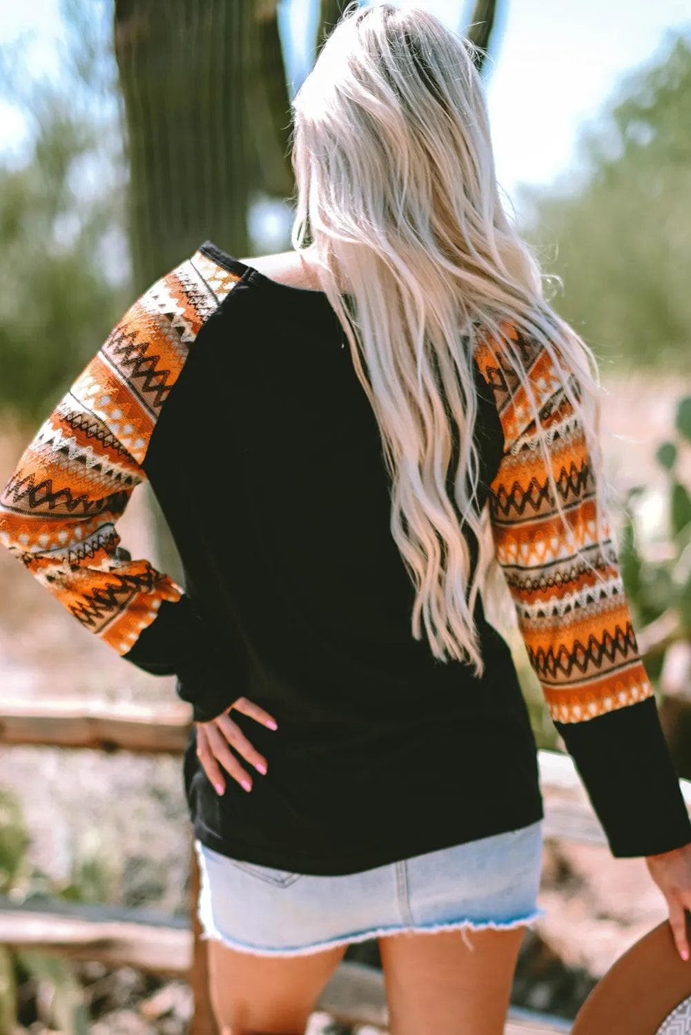 Tops/Long Sleeve Tops Orange Geo Print Raglan Patchwork Long Sleeve Tee