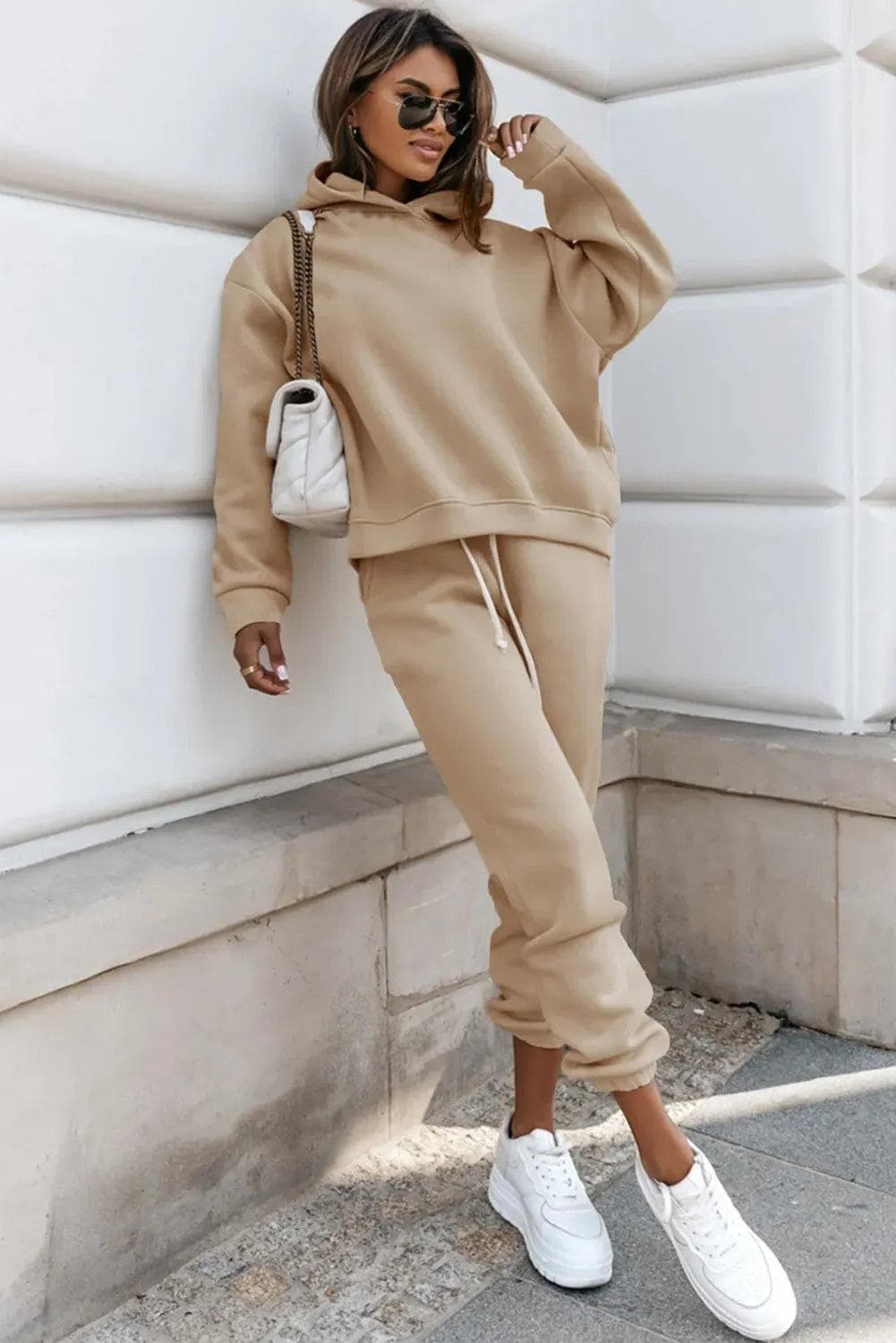 Two Piece Sets/Pant Sets Pale Khaki Chunky Two-piece Hooded Sweatsuit