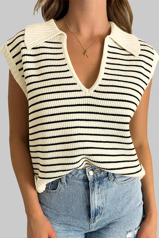 Beige Stripe Turn-down V Neck Sweater Tank Top - Chic Meadow Boutique 