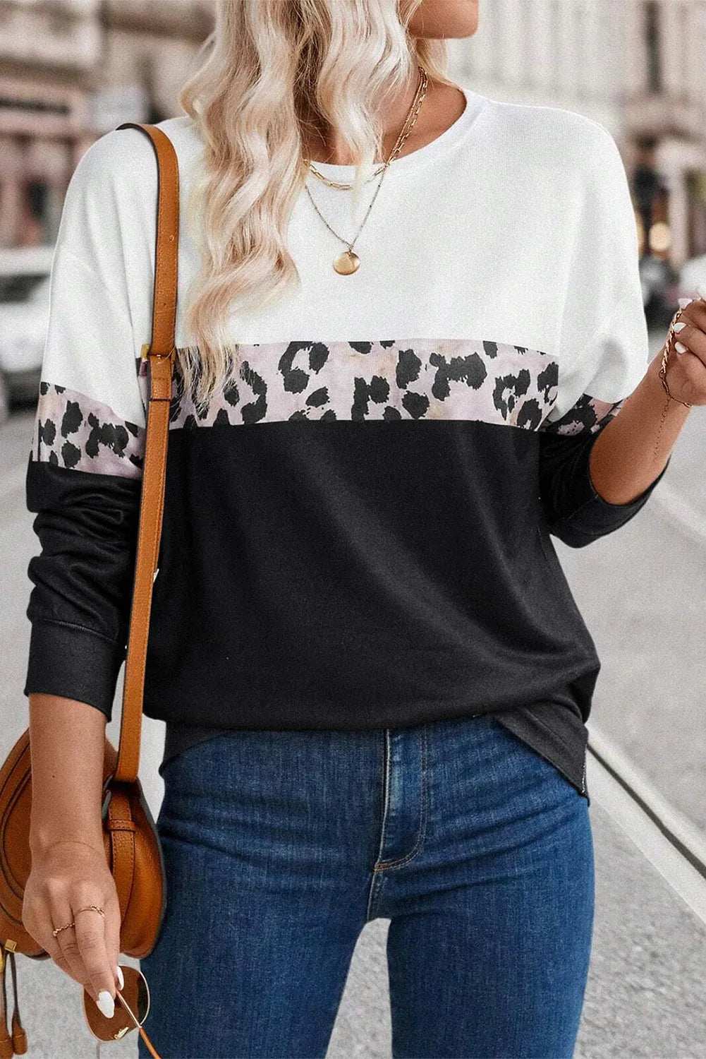 Black Leopard Colorblock Round Neck Long Sleeve Top - Chic Meadow Boutique 