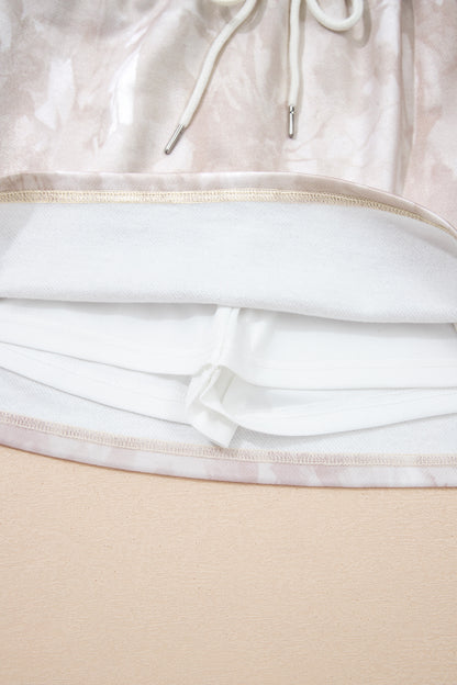 White Abstract Woodland Print Balloon Sleeve Pullover Drawstring Mini Skirt Set