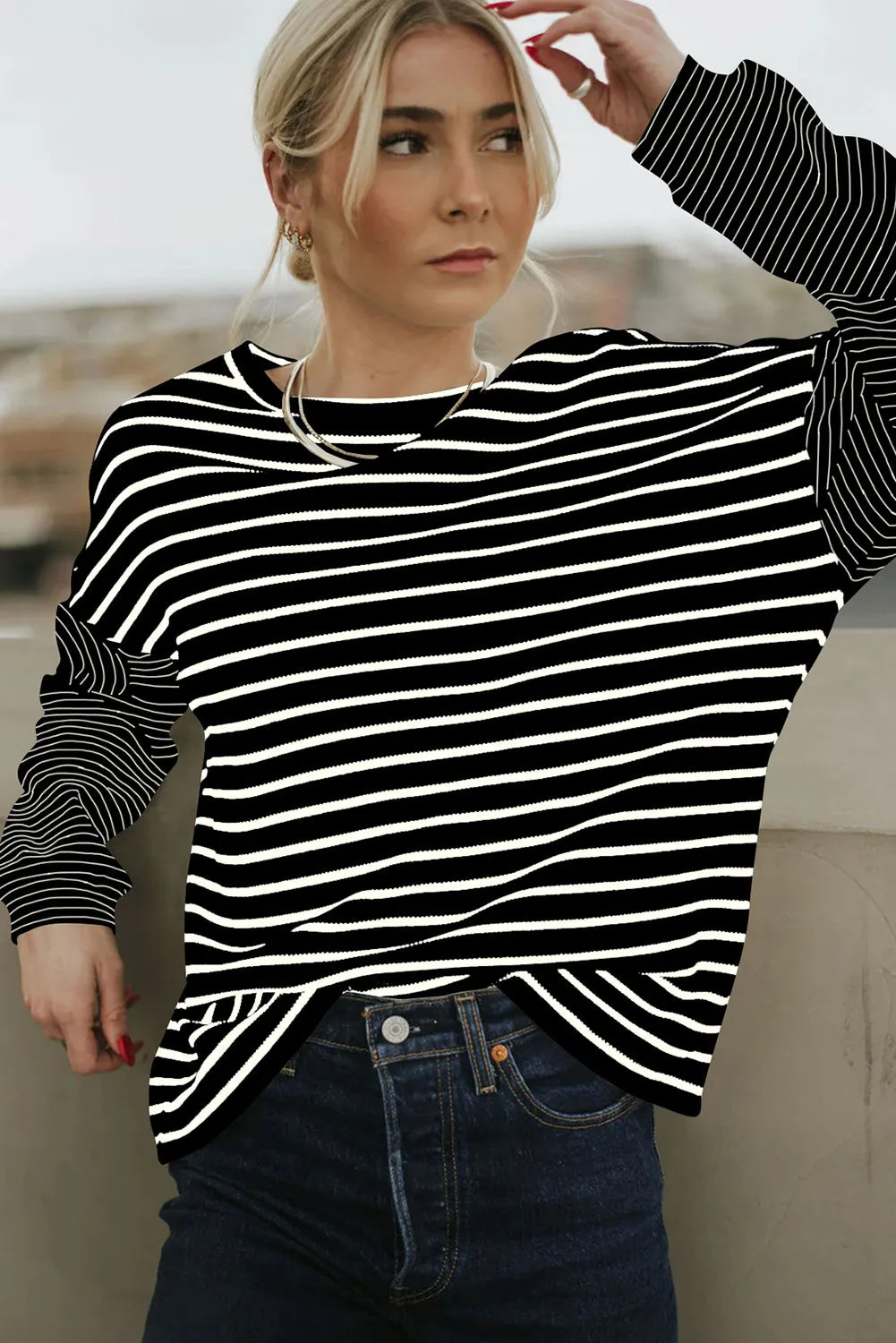 Black Stripe Patchwork Loose Long Sleeve Tee - Chic Meadow Boutique 