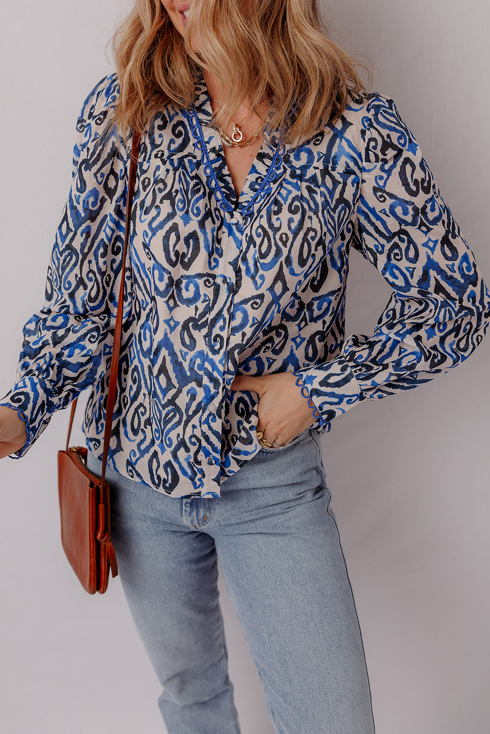 Blue Bohemian Print Embroidered V Neckline Detail Long Sleeve Shirt