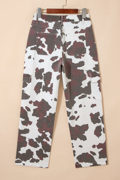 Brown Cow Spots Printed Multi Pocketed Jeans