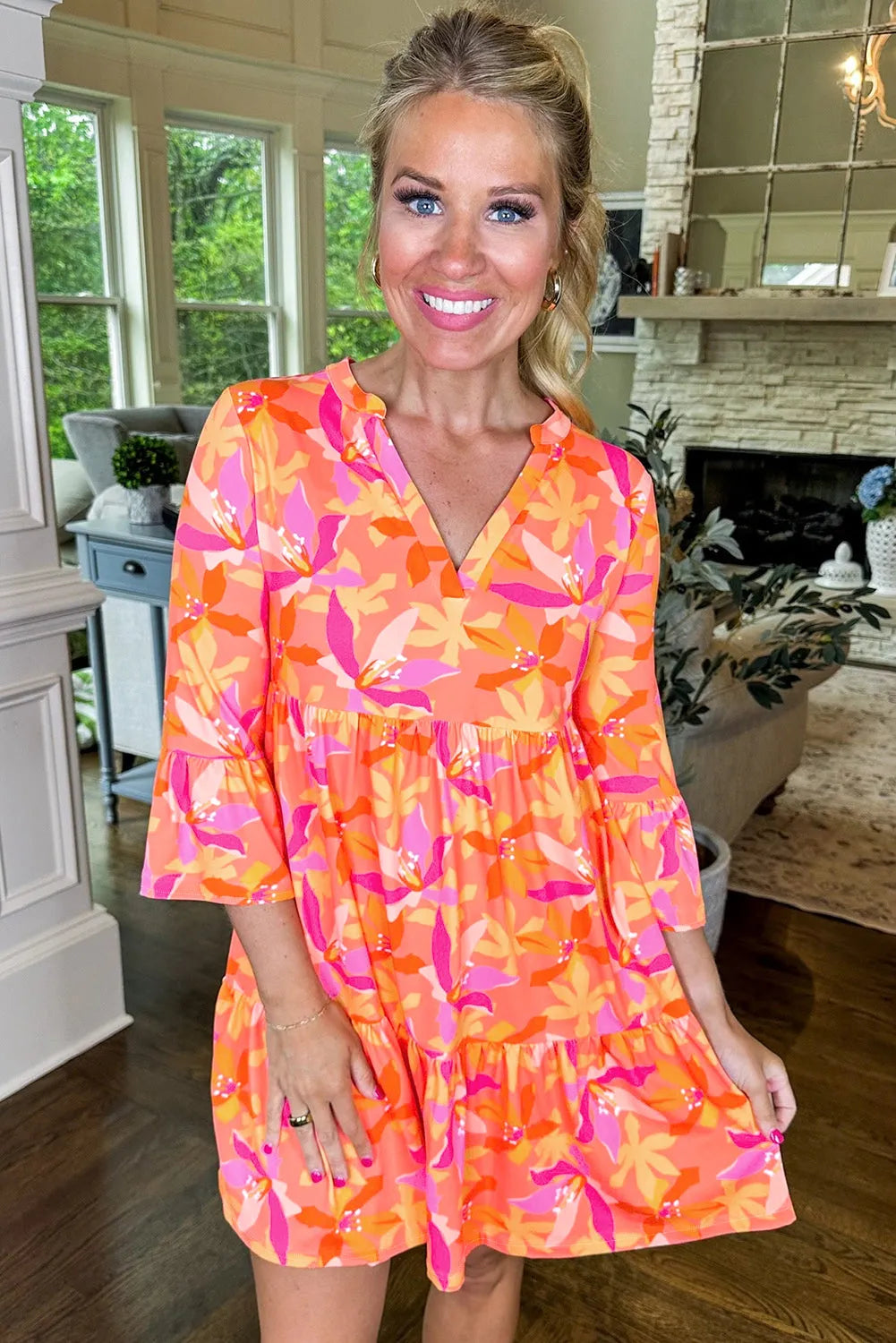 Orange Abstract Print Ruffled Sleeve V Neck Dress - Chic Meadow Boutique 