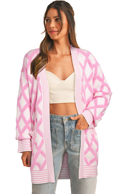 Pink Rhombus Pattern Knit Open Front Pocketed Cardigans