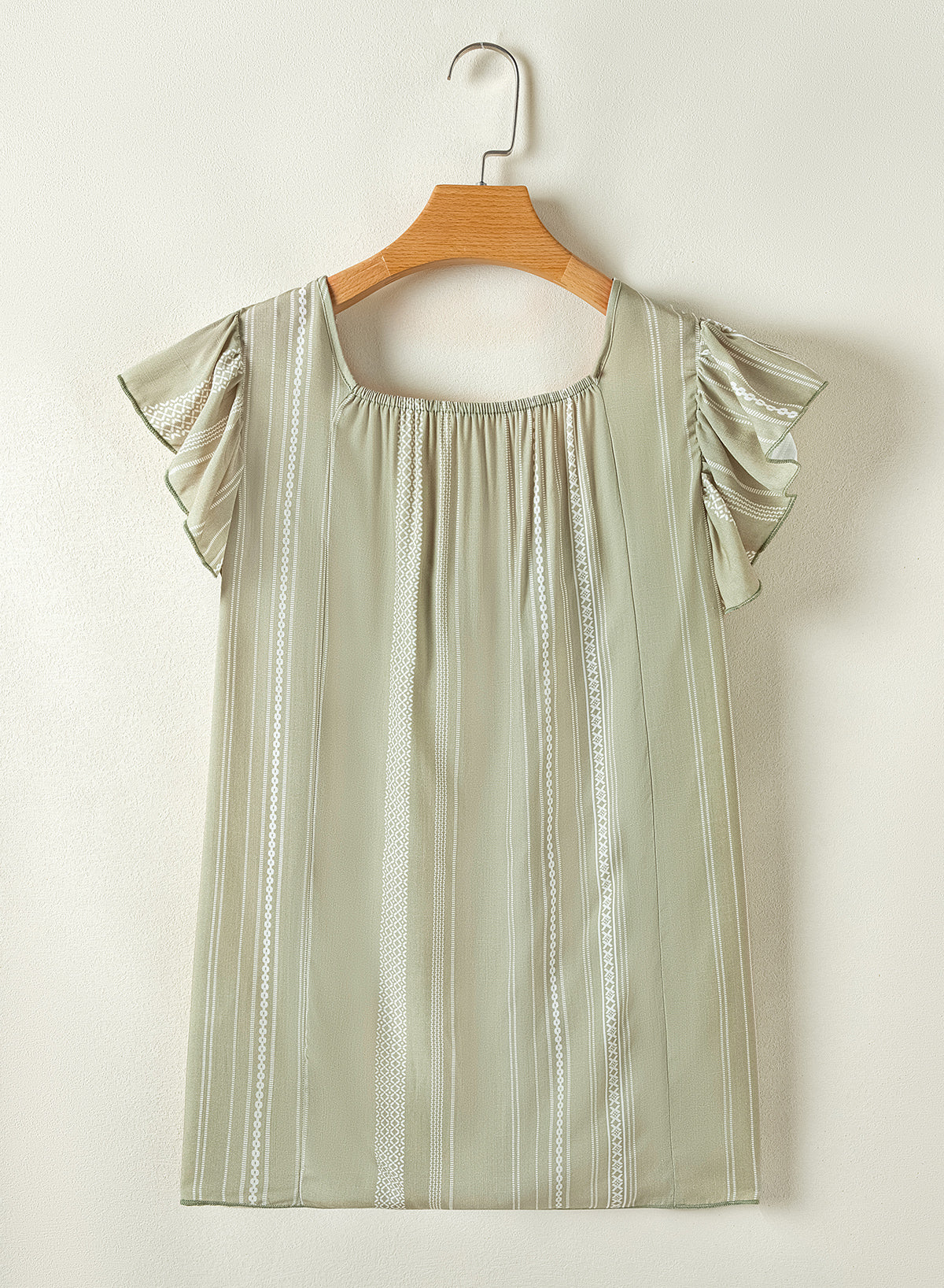 Laurel Green Stripes Ruffled Sleeve Shirred Round Neck Loose Fit Tank Top