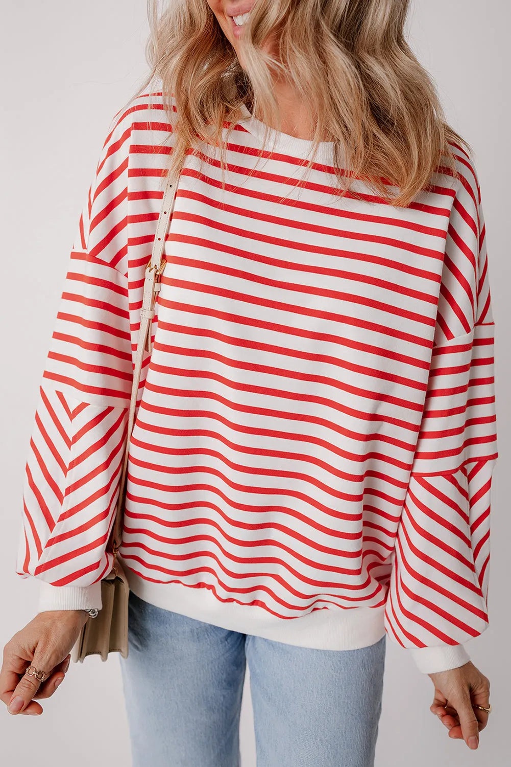 Orange Stripe Drop Shoulder Crew Neck Loose Sweatshirt - Chic Meadow Boutique 