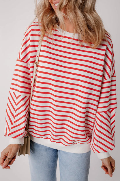 Orange Stripe Drop Shoulder Crew Neck Loose Sweatshirt - Chic Meadow Boutique 