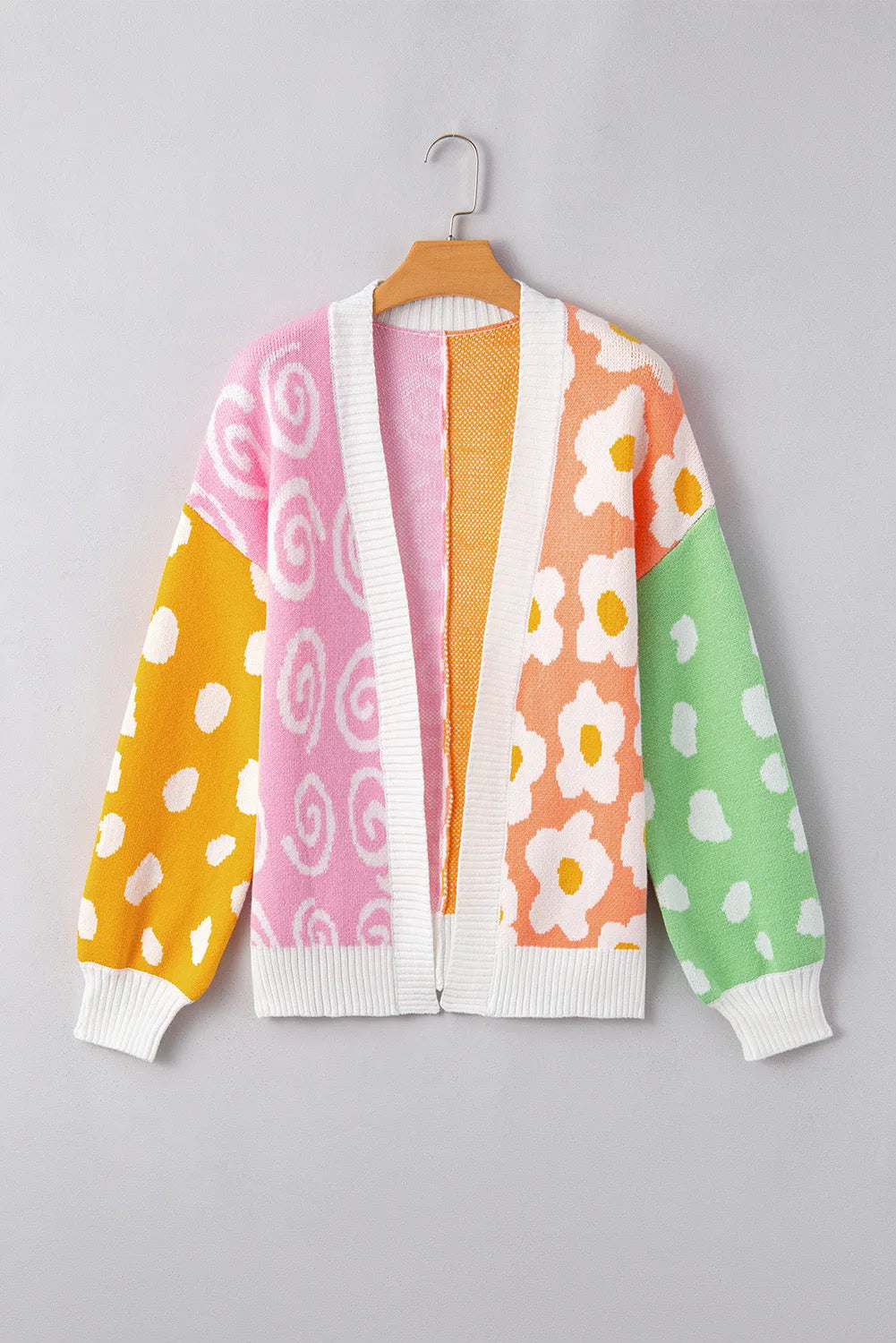 Orange Flower & Dotted Mixed Print Colorblock Open Front Cardigan - Chic Meadow Boutique 