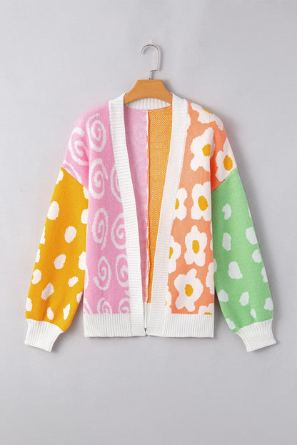 Orange Flower & Dotted Mixed Print Colorblock Open Front Cardigan - Chic Meadow Boutique 