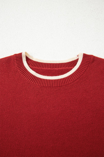 Racing Red Leopard Bow Decor Split Cuff Contrast Trim Sweater