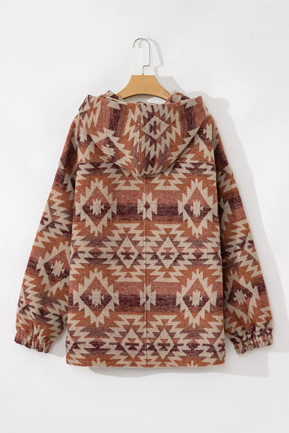 Red Plus Size Western Fashion Aztec Patterned Half Zip High Neck Hoodie - Chic Meadow Boutique 