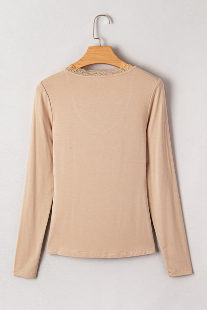 Smoke Gray Lace-trimmed Sweetheart Neckline Ruched Detail Long Sleeve T-shirt