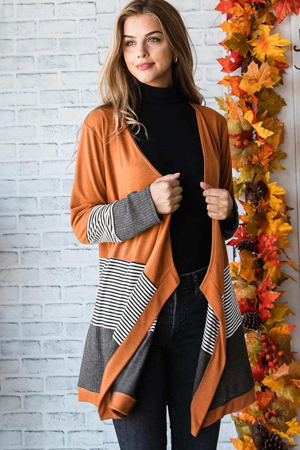 Sweaters & Cardigans/Cardigans Orange Colorblock Striped Patchwork Open Cardigan