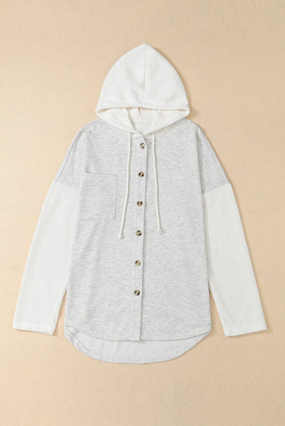 Gray Button Up Contrast Knitted Sleeves Hooded Jacket - Chic Meadow Boutique 