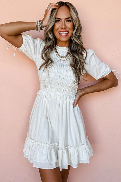 White Tie Short Sleeves Smocked Ruffle Mini Dress - Chic Meadow Boutique 