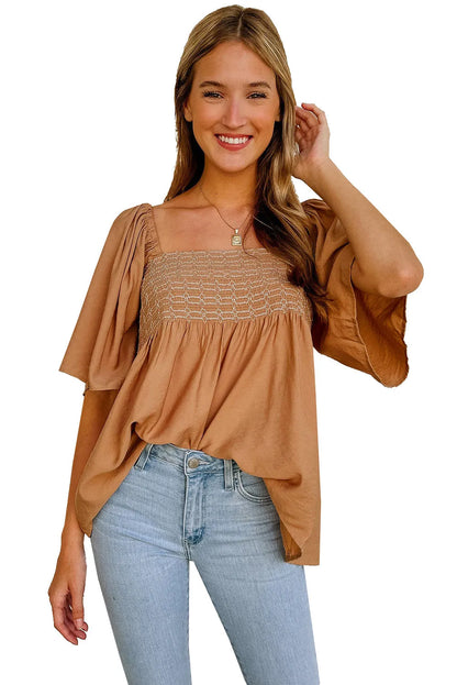 Brown Square Neck Wide Sleeves Flowy Top - Chic Meadow Boutique 