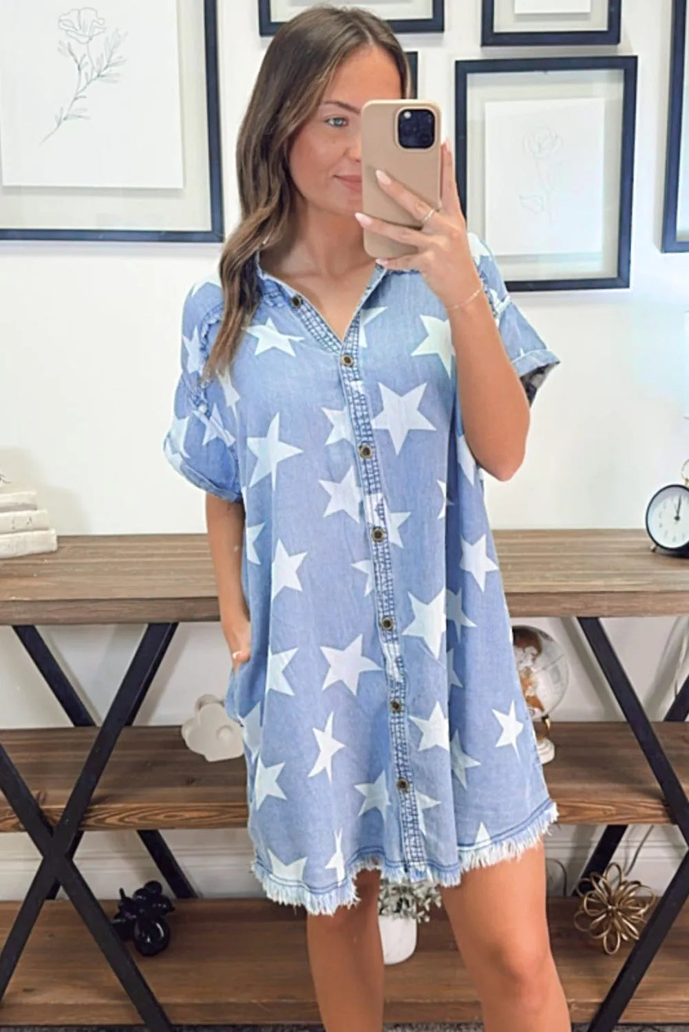 Sky Blue Stars Frayed Hem Collared Short Sleeve Denim Dress - Chic Meadow Boutique 