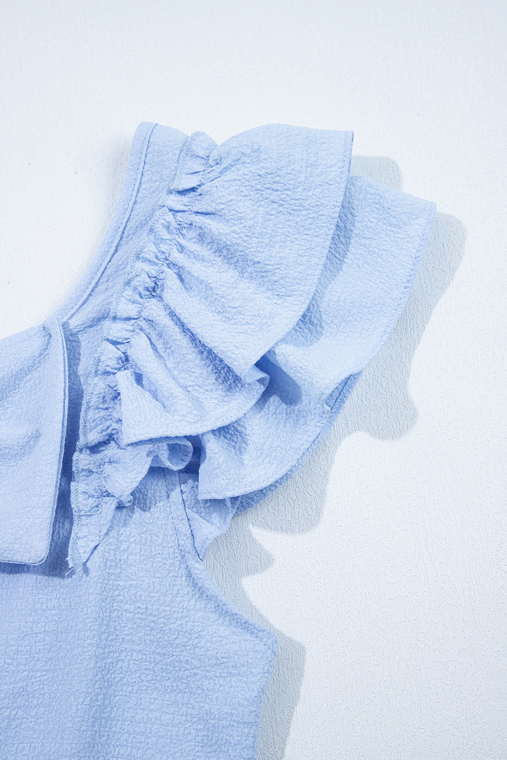 Beau Blue Textured Bow Knot Frilled Butterfly Sleeve Blouse