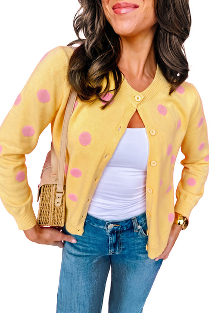 Yellow Cream Casual Polka Dot Button Front Long Sleeve Sweater Cardigan