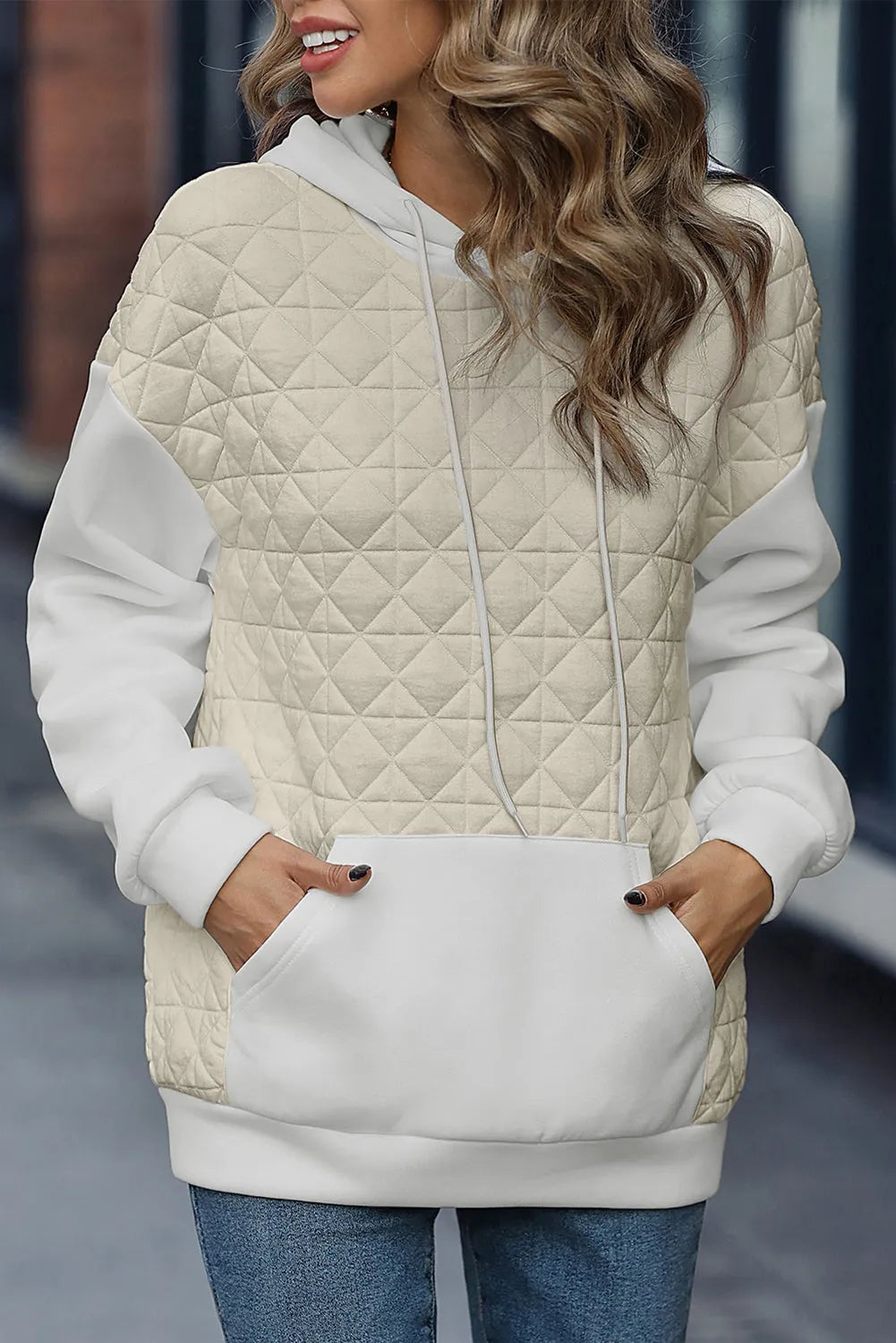 Beige Drop Shoulder Quilted Patchwork Kangaroo Pocket Hoodie - Chic Meadow Boutique 