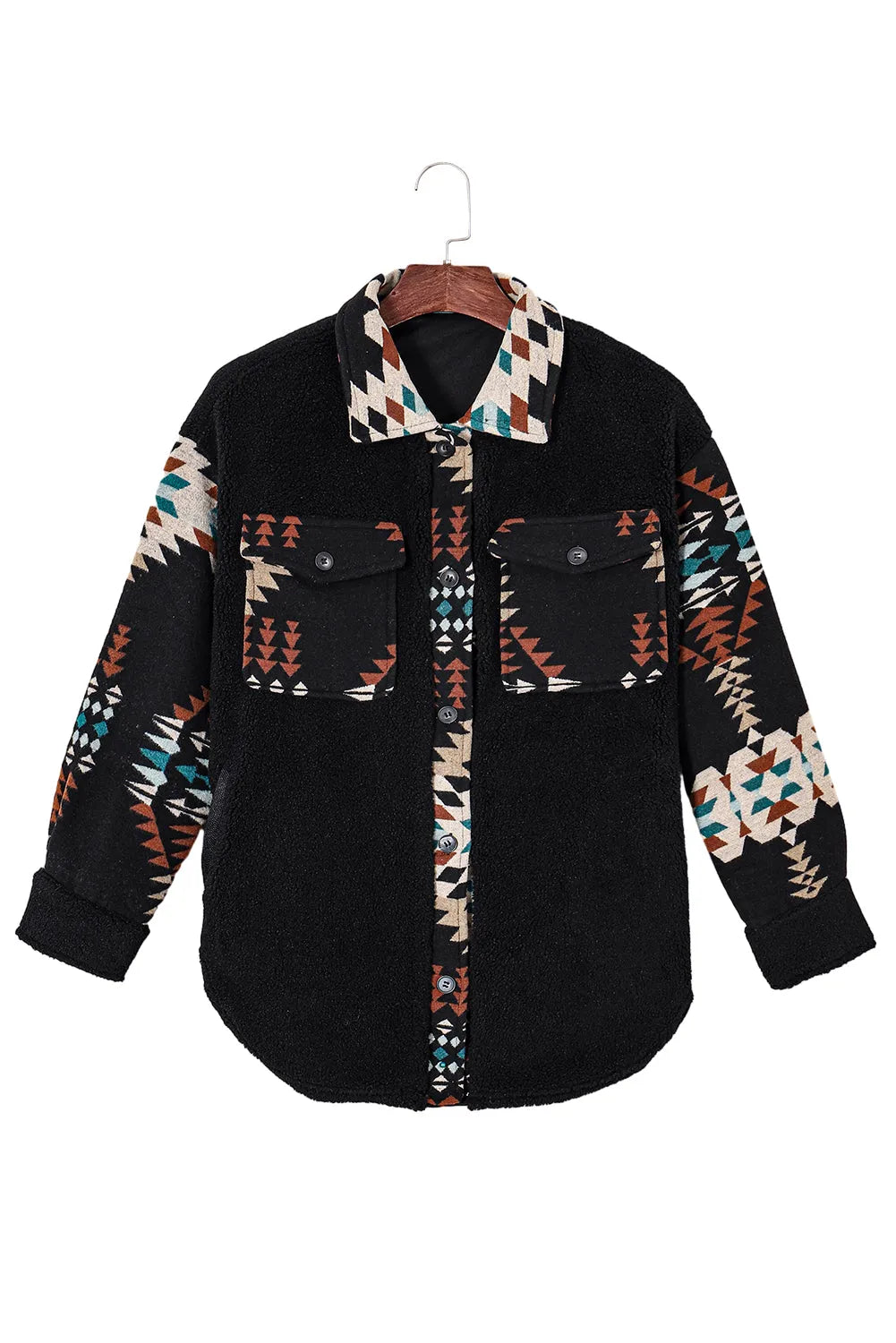 Black Western Aztec Print Accent Fleece Shacket - Chic Meadow Boutique 