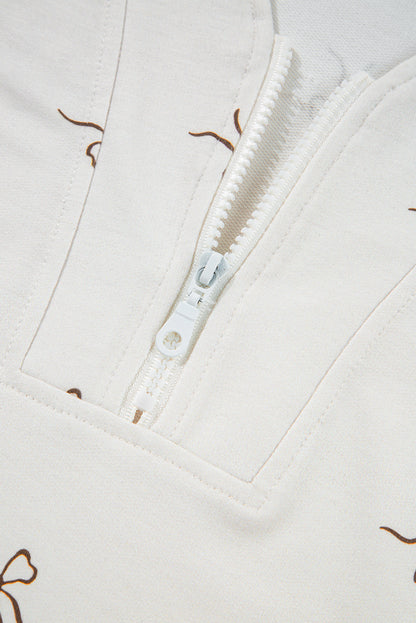 Beige Bow Print Half Zip Tank and Shorts 2pcs Set