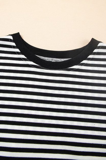 Black Stripe Bowknot Cutout Back Drop Shoulder Wide Bracelet Sleeve Loose Tee