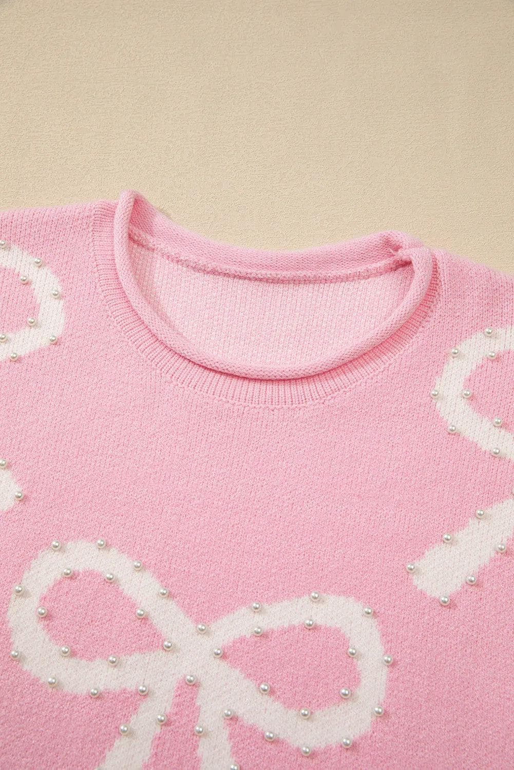 Sweaters & Cardigans/Sweaters Pink Pearl Beaded Bowknot Pattern Distressed Split Hem Sweater