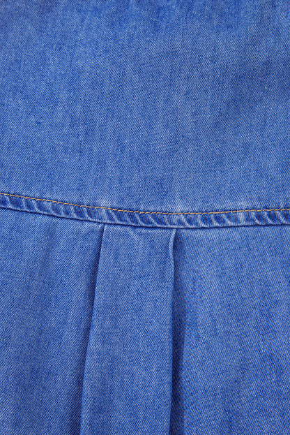 Sky Blue Mineral Wash Cap Sleeve Frilled Button Up Denim Shirt