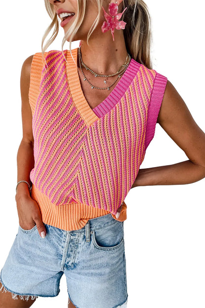 Strawberry Pink Contrast Chevron Knit V Neck Sweater Vest - Chic Meadow Boutique 