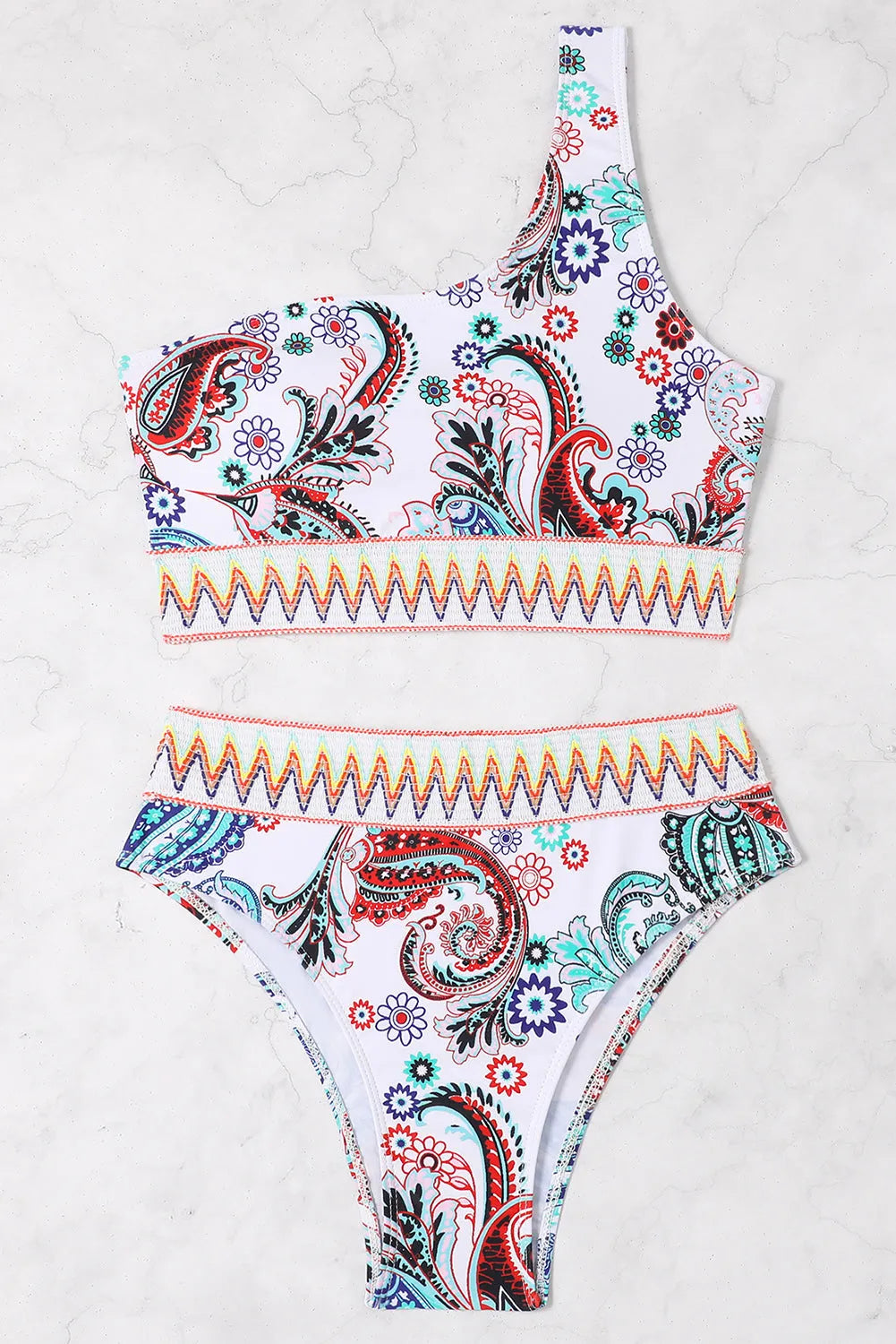 White Boho Paisley Contrast Trimmed One-shoulder Bikini - Chic Meadow Boutique 