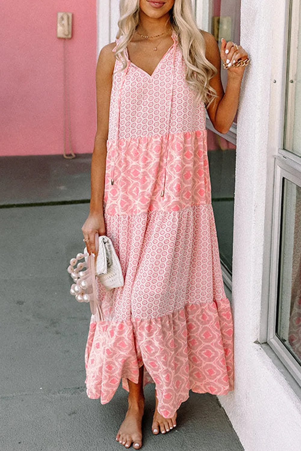 Pink Abstract Print Split Neck Sleeveless Maxi Dress - Chic Meadow Boutique 