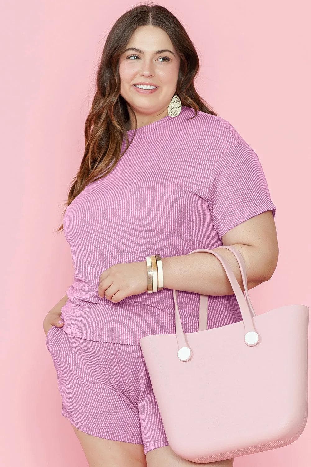 Plus Size/Plus Size Loungewear Phalaenopsis Ribbed Knit T Shirt and Shorts Plus Size Lounge Set