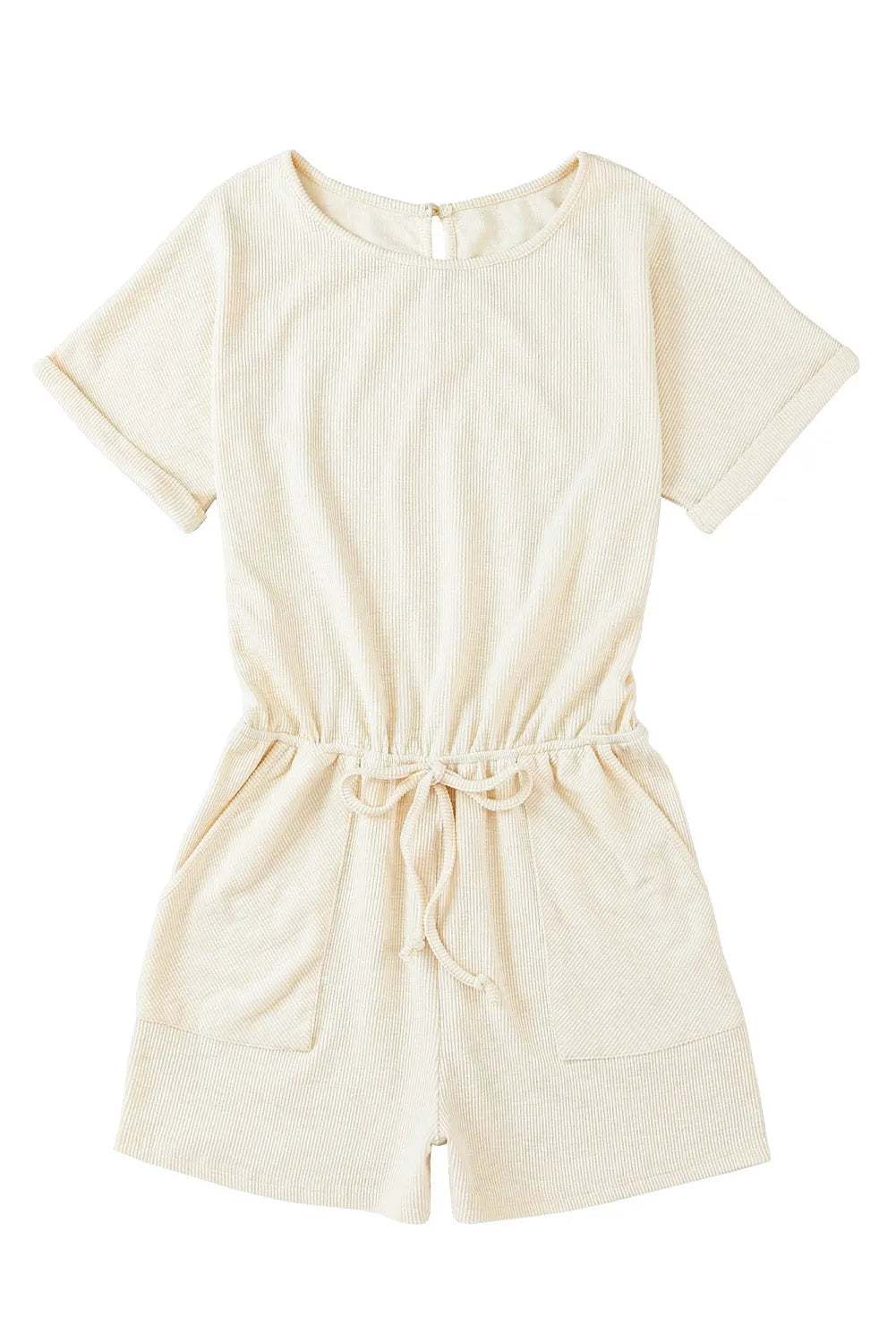 Beige Ribbed Elastic Waist Romper - Chic Meadow Boutique 