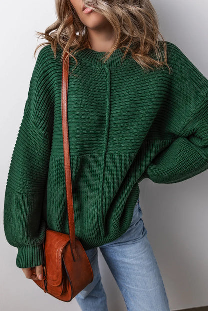 Blackish Green Textured Knit Crewneck Lantern Sleeve Sweater - Chic Meadow Boutique 