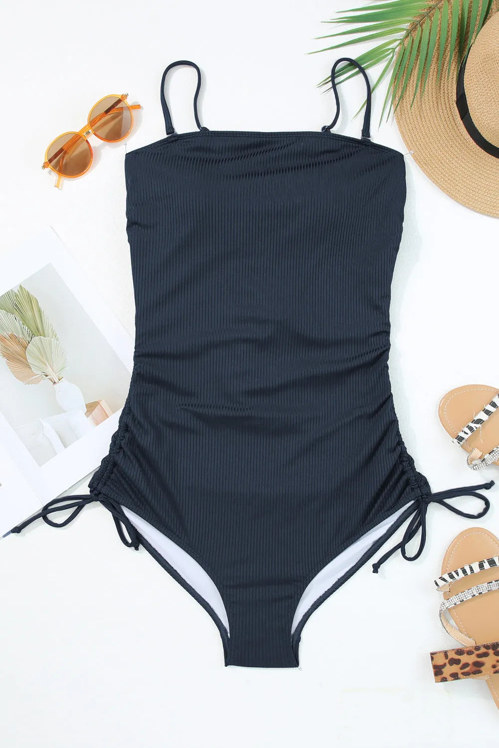 Navy Blue Ribbed Drawstring Sides Cutout One Piece Swimsuit - Chic Meadow Boutique 