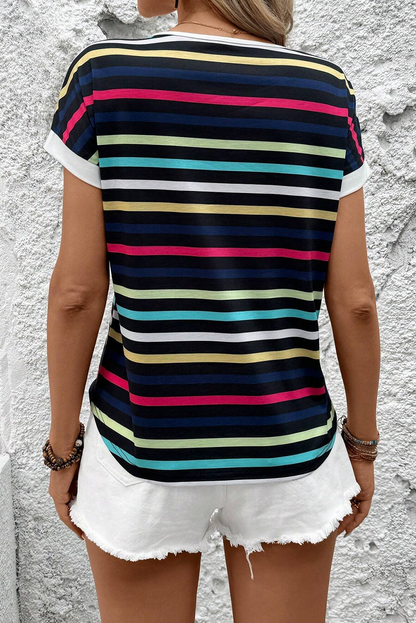Black Stripe Multicolor Contrast Edge Crew Neck T Shirt