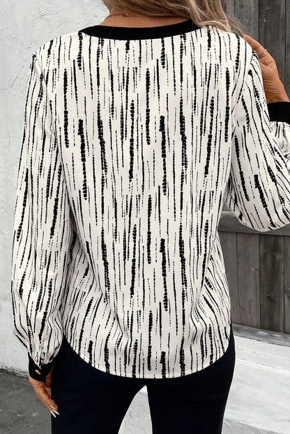 White Abstract Printed V Neck Fall Blouse