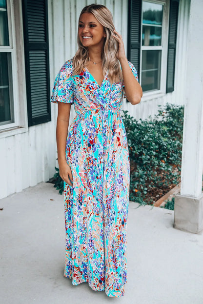 Green Wrap V Neck Floral Maxi Dress - Chic Meadow Boutique 