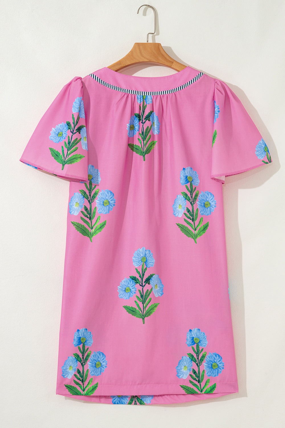 Rose Floral Short Sleeve Split Neck Loose Mini Dress