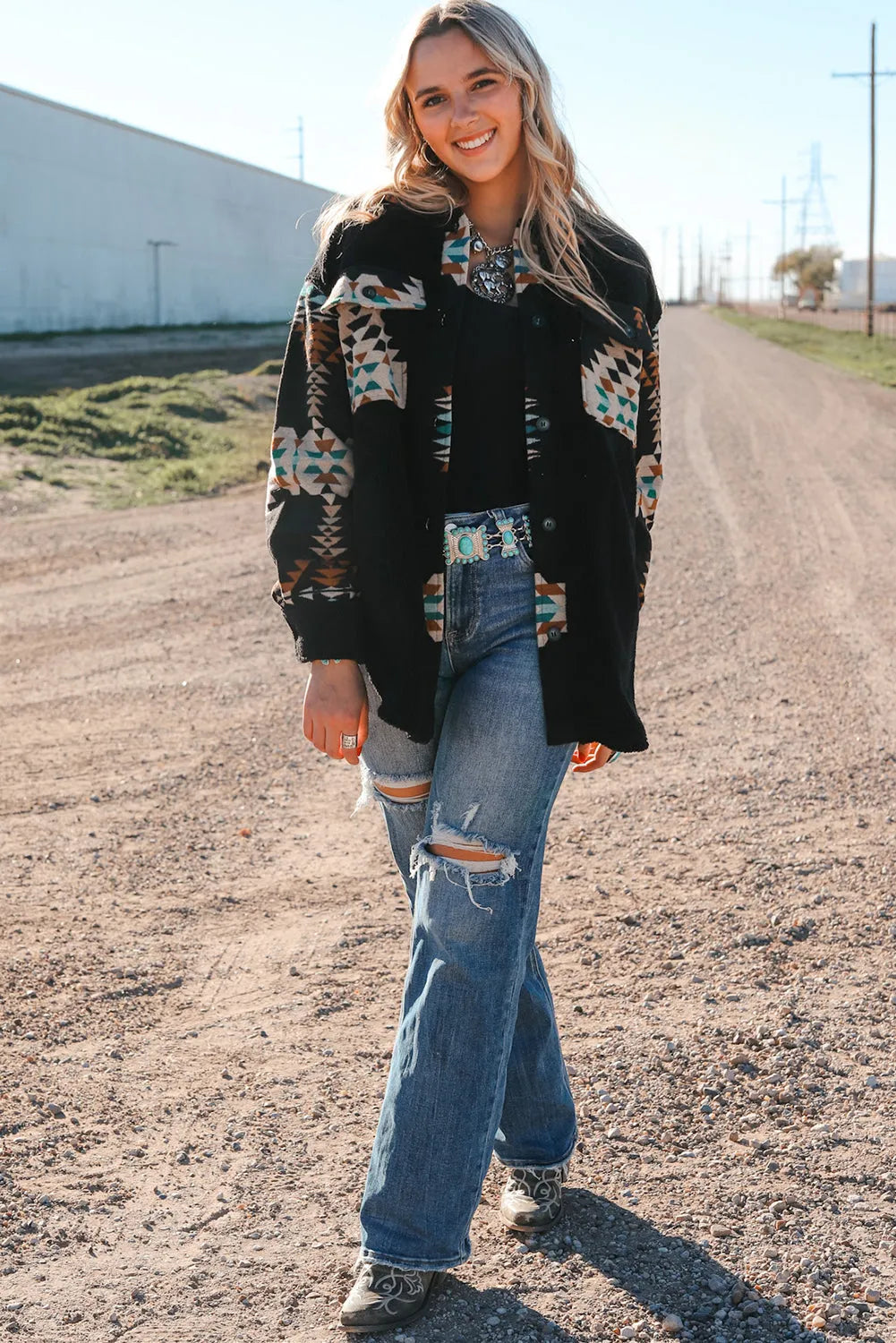 Black Western Aztec Print Accent Fleece Shacket - Chic Meadow Boutique 